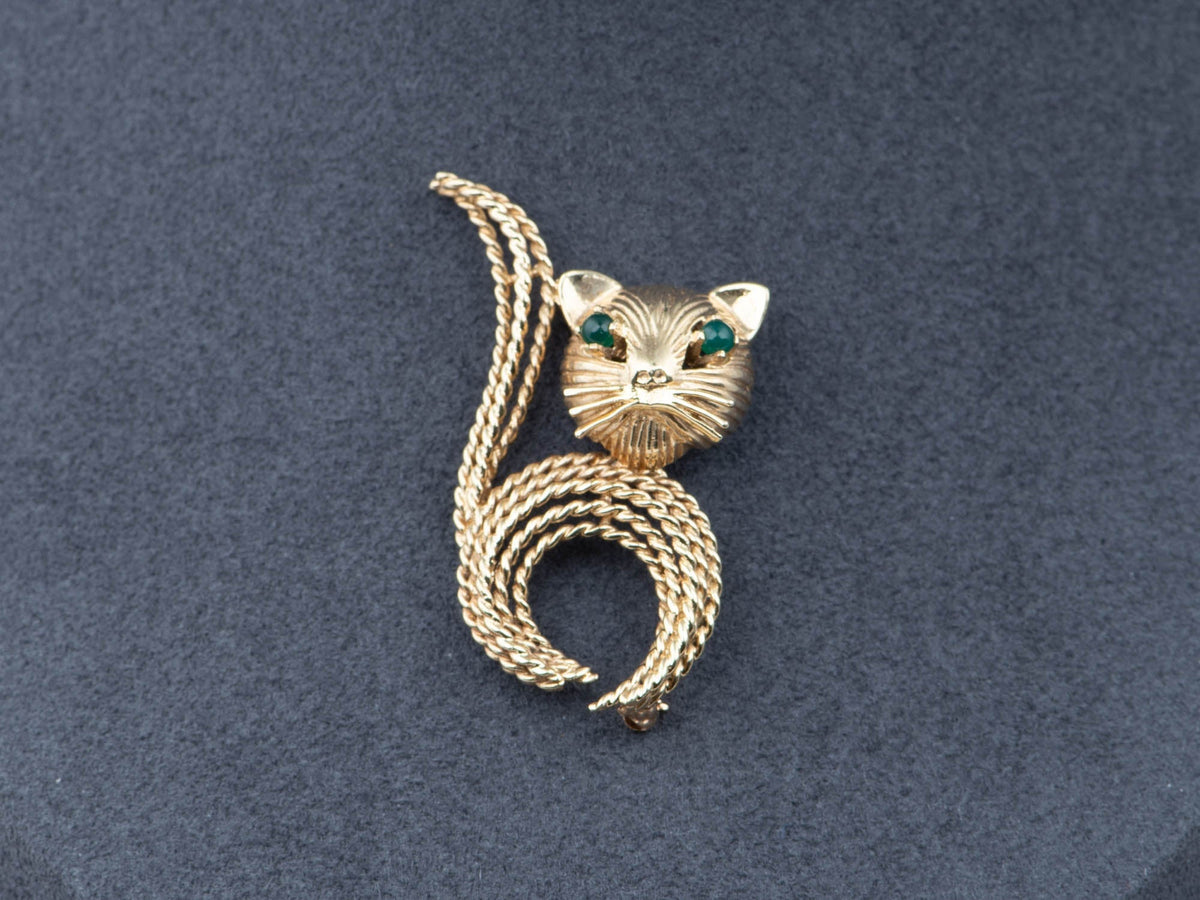 14K Gold Cat Brooch with Green Onyx Eyes 8g+ V1148 Aurora Designer