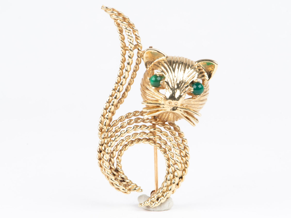 14K Gold Cat Brooch with Green Onyx Eyes 8g+ for Animal Lovers V1148 Aurora Designer