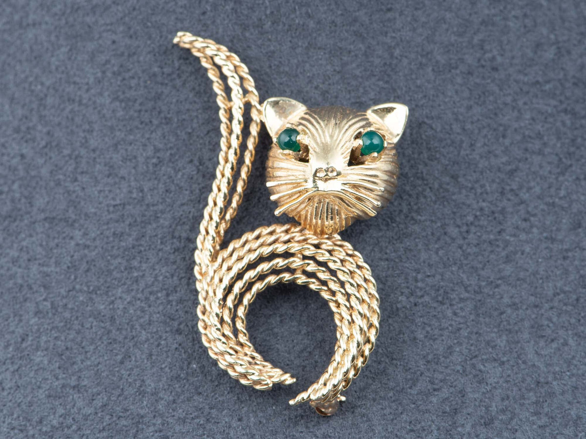 14K Gold Cat Brooch with Green Onyx Eyes 8g+ V1148 Aurora Designer