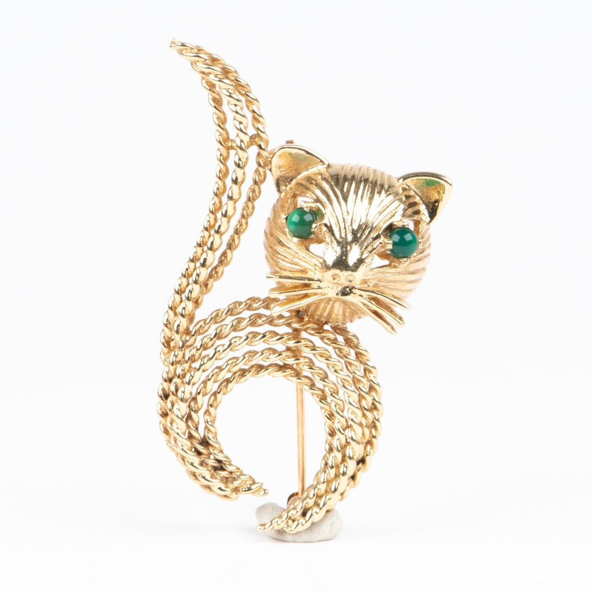 14K Gold Cat Brooch with Green Onyx Eyes 8g+ for Animal Lovers V1148 Aurora Designer