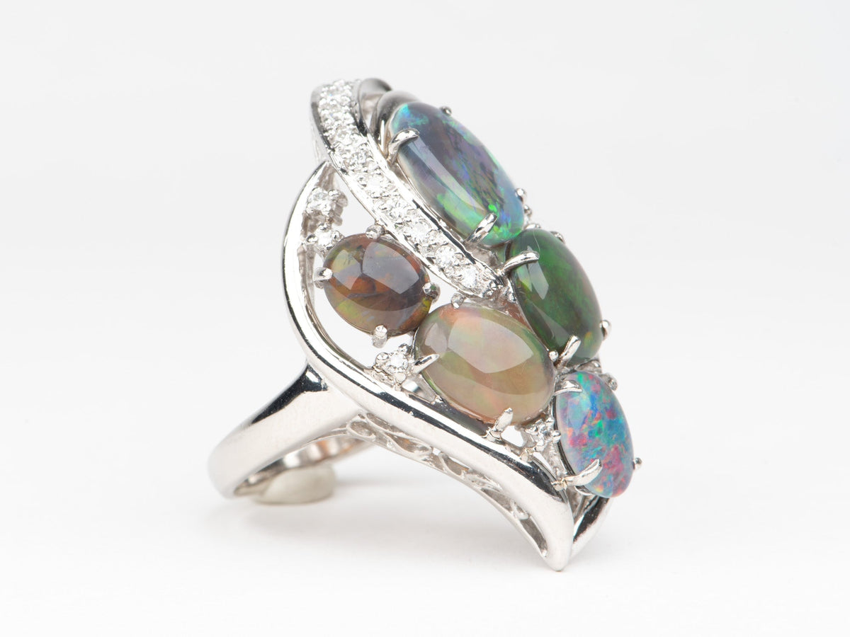 Australian Black Opal and Diamond Cluster Ring PT900 Heavy 14g+ V1149 Aurora Designer
