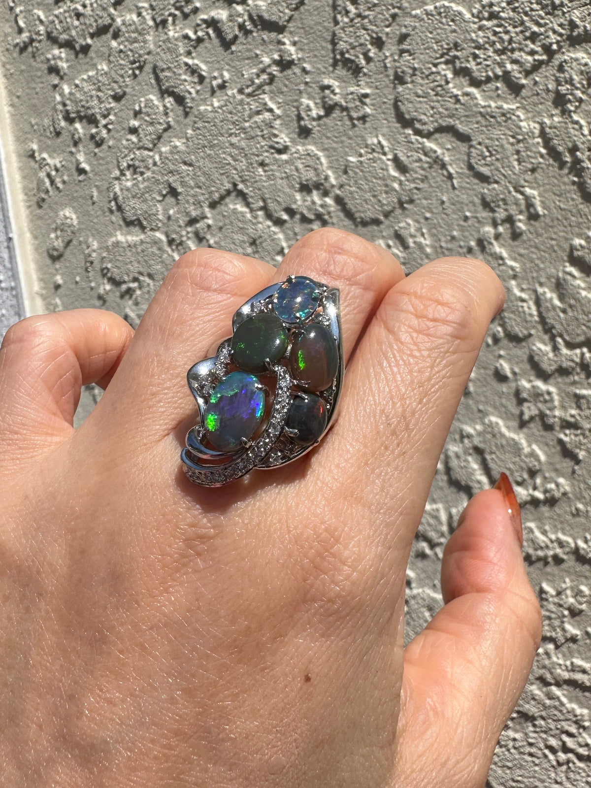 Australian Black Opal and Diamond Cluster Ring PT900 Heavy 14g+ V1149 Aurora Designer
