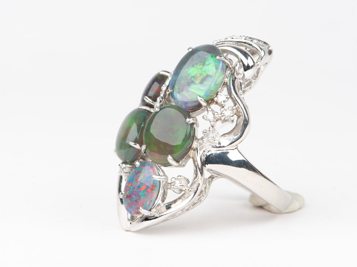 Australian Black Opal and Diamond Cluster Ring PT900 Heavy 14g+ V1149 Aurora Designer