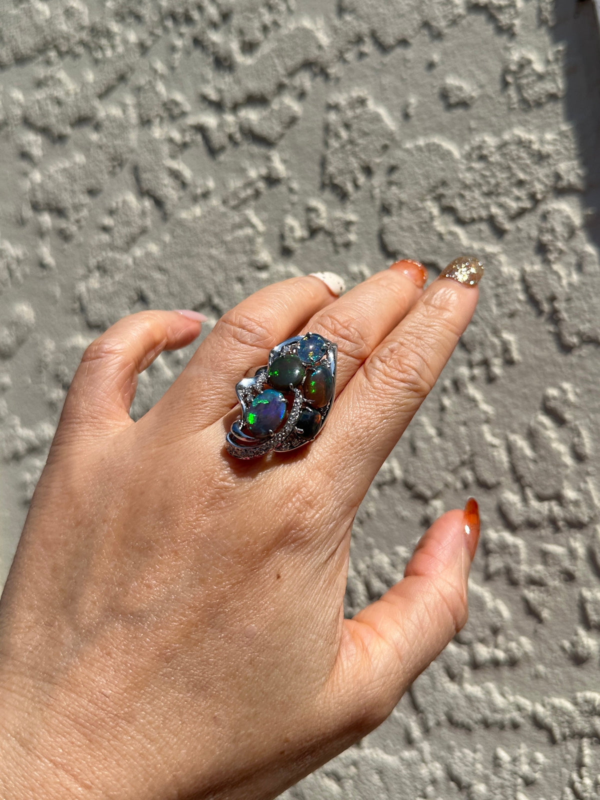 Australian Black Opal and Diamond Cluster Ring PT900 Heavy 14g+ V1149 Aurora Designer