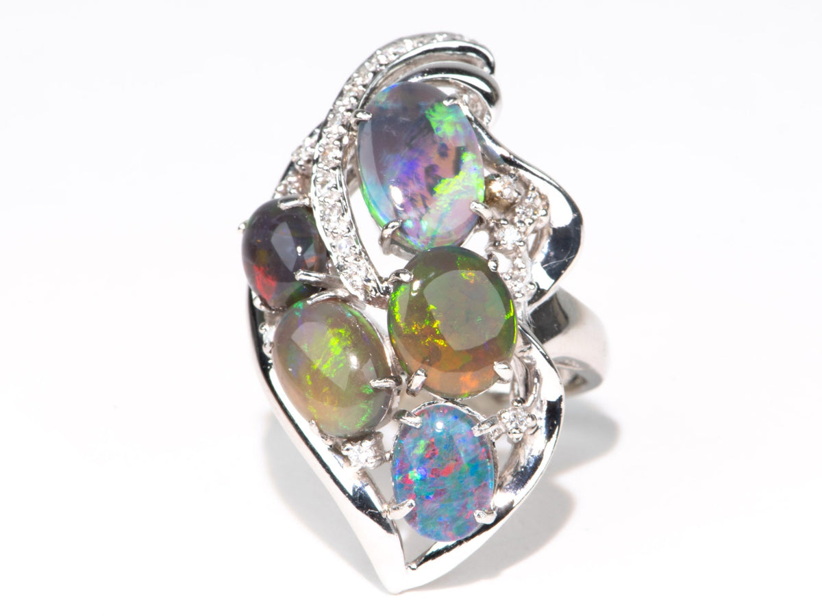 Australian Black Opal and Diamond Cluster Ring PT900 Heavy 14g+ V1149 Aurora Designer