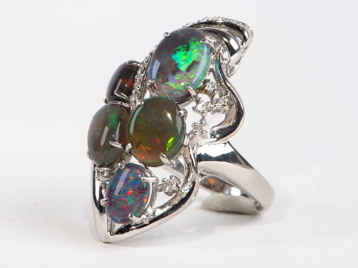 Australian Black Opal and Diamond Cluster Ring PT900 Heavy 14g+ V1149 Aurora Designer