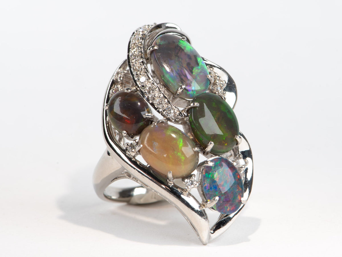 Australian Black Opal and Diamond Cluster Ring PT900 Heavy 14g+ V1149 Aurora Designer