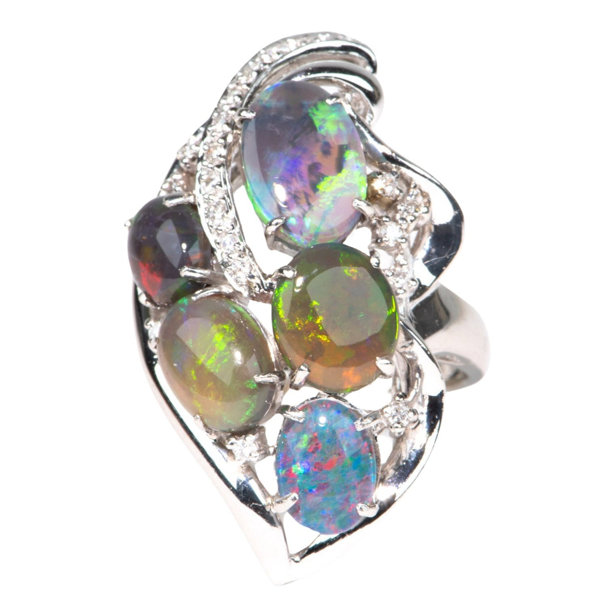Australian Black Opal and Diamond Cluster Ring PT900 Heavy 14g+ V1149 Aurora Designer