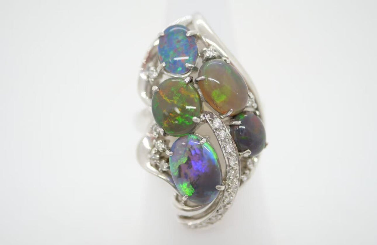 Australian Black Opal and Diamond Cluster Ring PT900 Heavy 14g+ V1149 Aurora Designer
