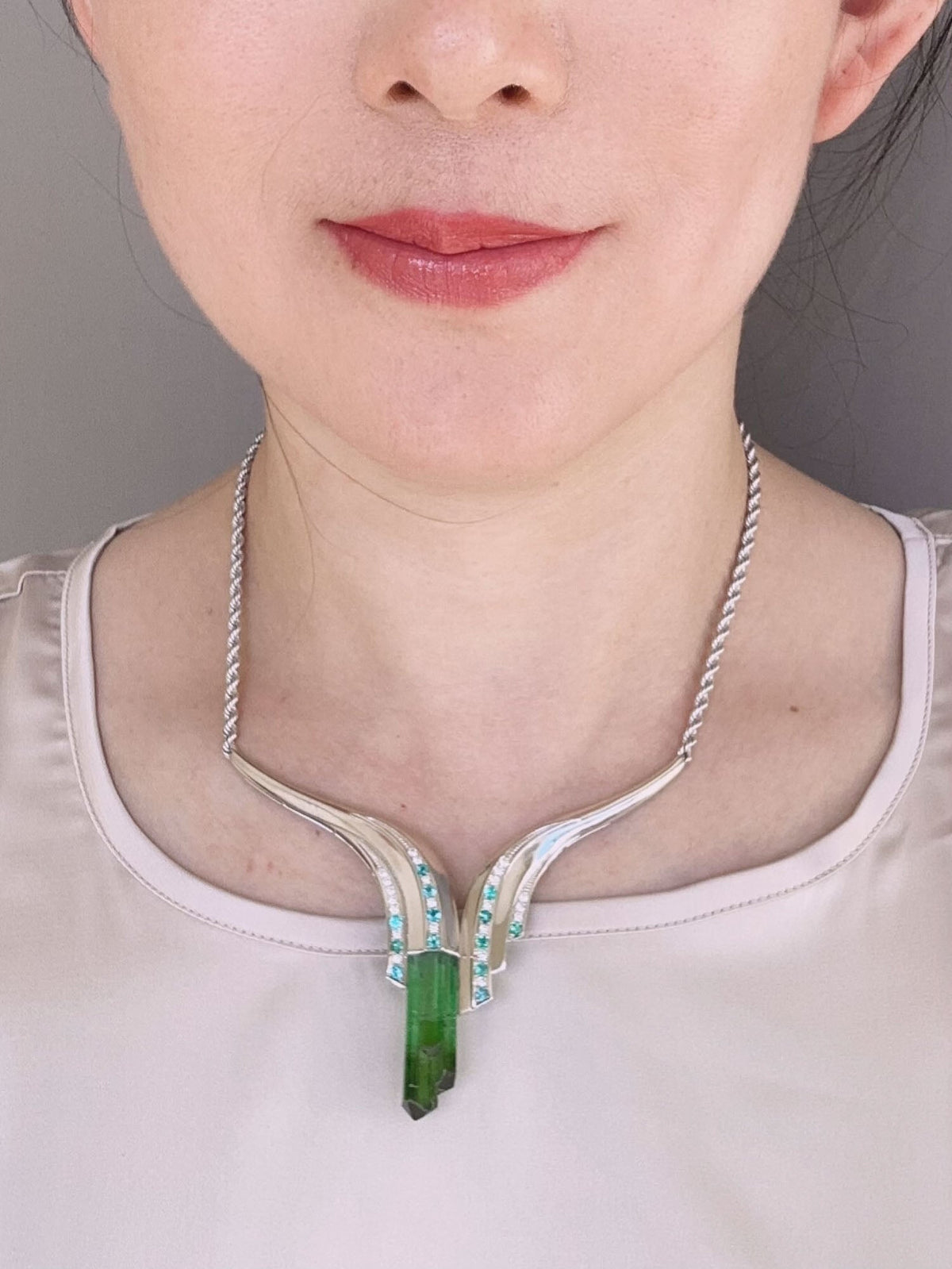 Artistic Tourmaline Rough Pendant with Paraiba and Diamond Necklace PT900 Heavy 32g+ V1150 Aurora Designer