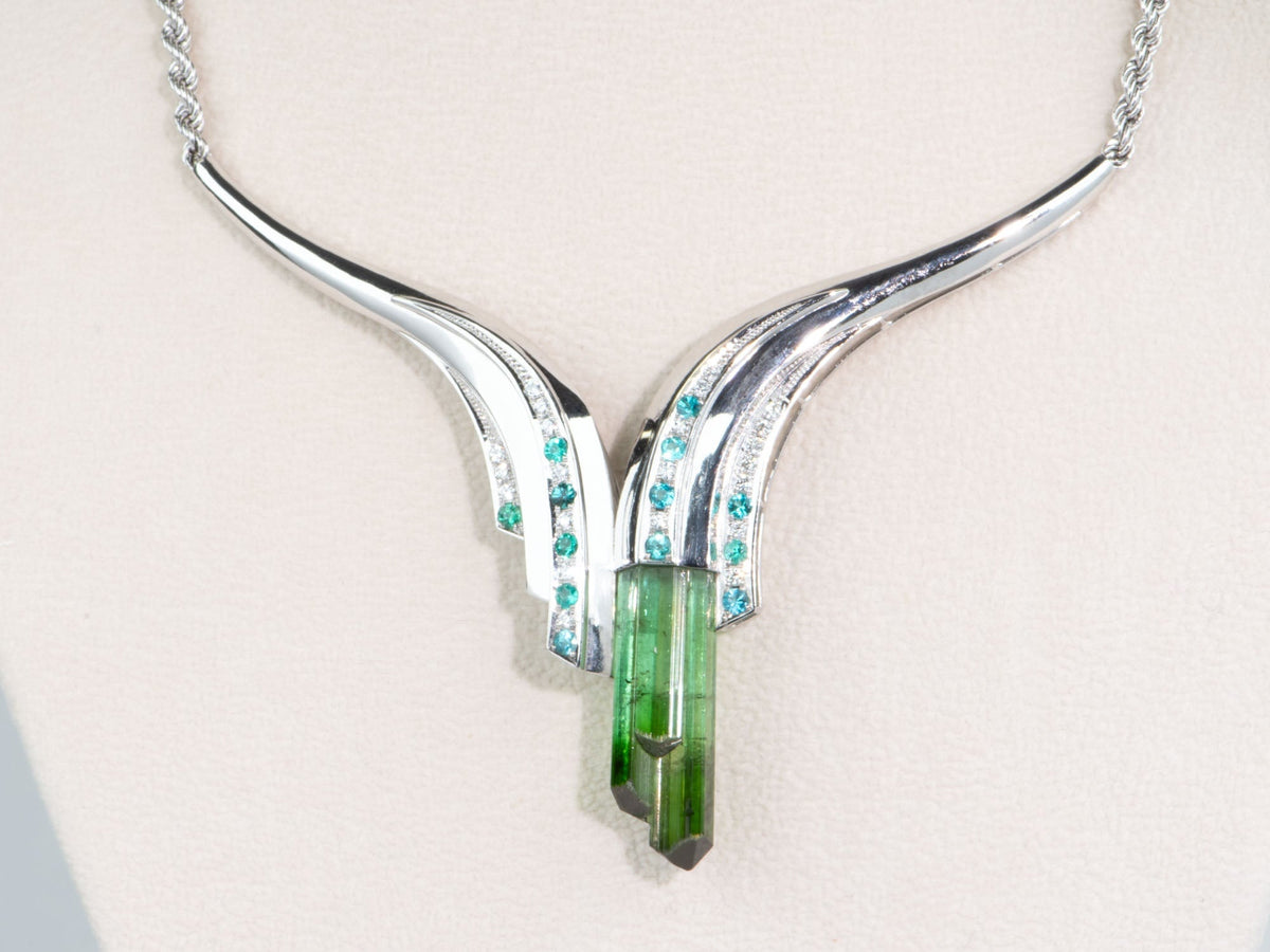 Artistic Tourmaline Rough Pendant with Paraiba and Diamond Necklace PT900 Heavy 32g+ V1150 Aurora Designer