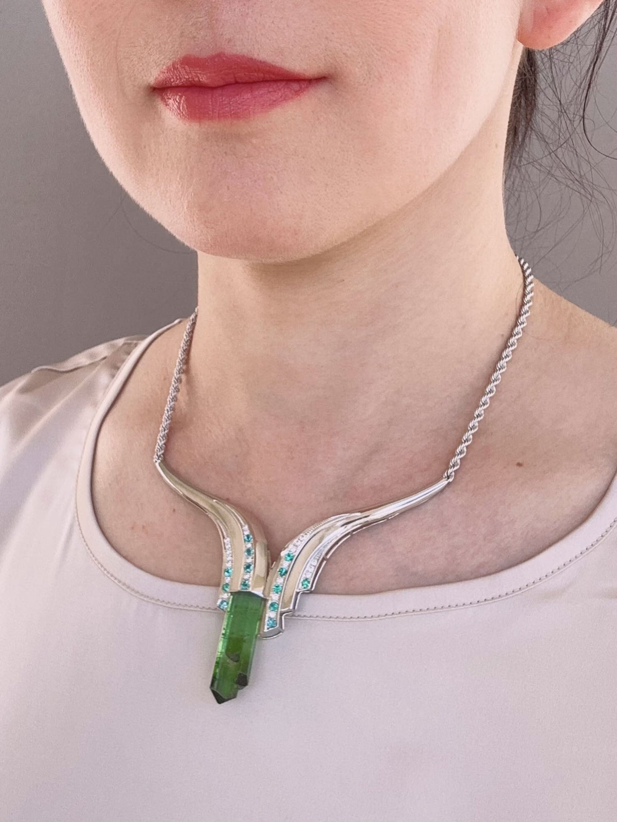 Artistic Tourmaline Rough Pendant with Paraiba and Diamond Necklace PT900 Heavy 32g+ V1150 Aurora Designer