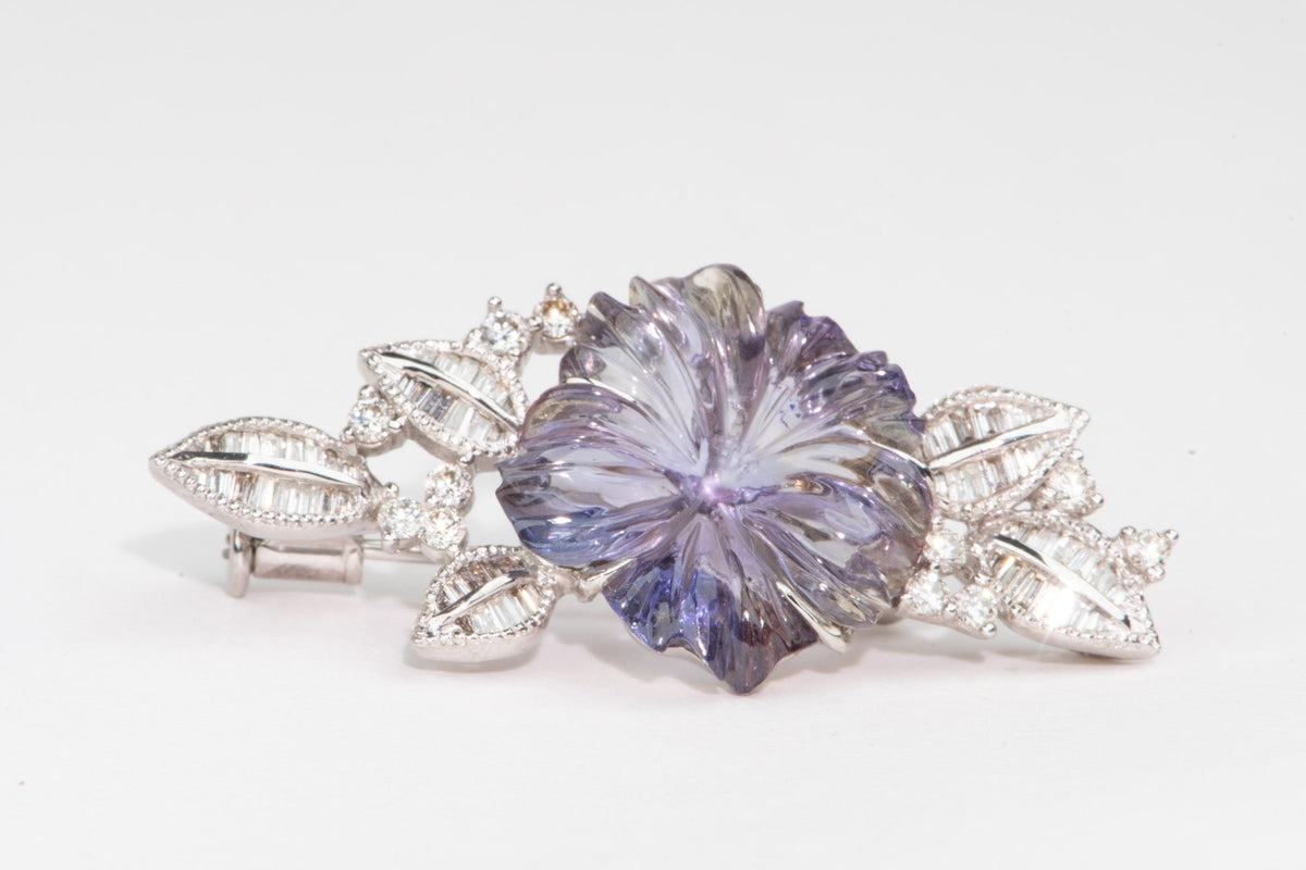 8.67ct Tanzanite Flower Carving with Diamond Pendant Brooch 18K White Gold 6.8g V1153 Aurora Designer