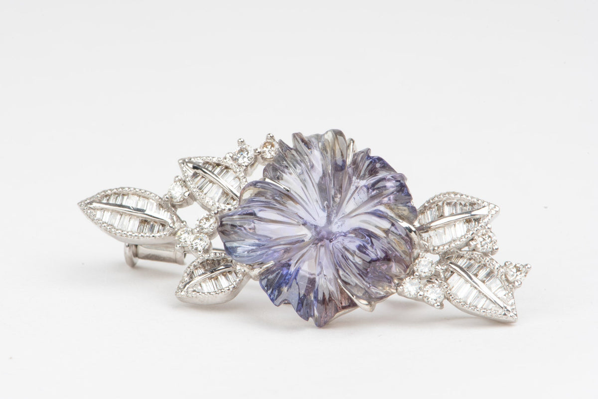 8.67ct Tanzanite Flower Carving with Diamond Pendant Brooch 18K White Gold 6.8g V1153 Aurora Designer