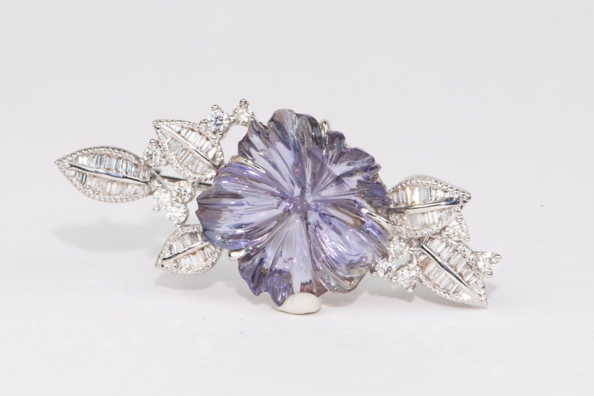8.67ct Tanzanite Flower Carving with Diamond Pendant Brooch 18K White Gold 6.8g V1153 Aurora Designer
