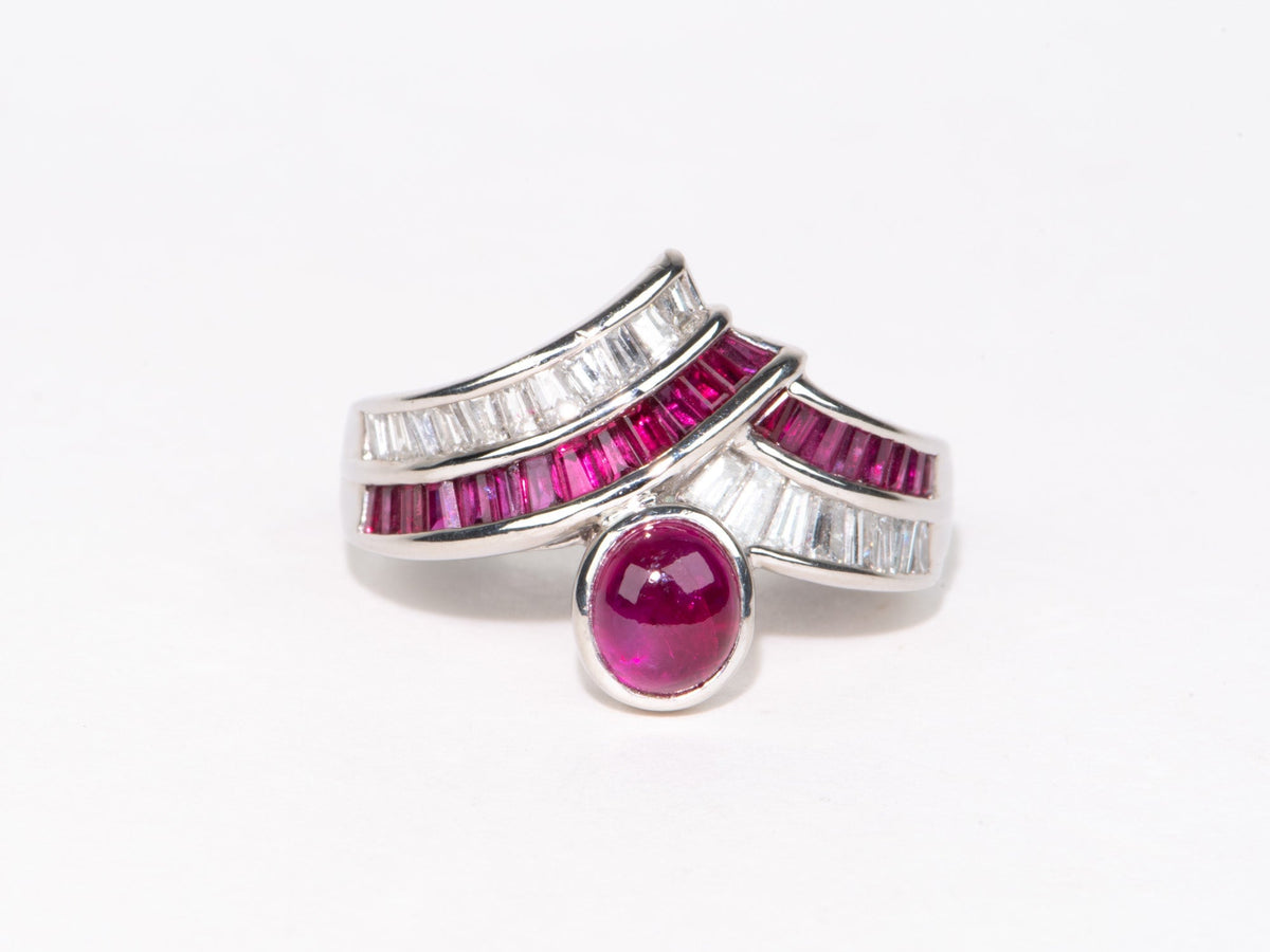 2.07ctw Ruby Cabochon and 0.63ctw Diamond Unique Chevron Stacking Band Ring Platinum PT900 9g+ V1154 Aurora Designer