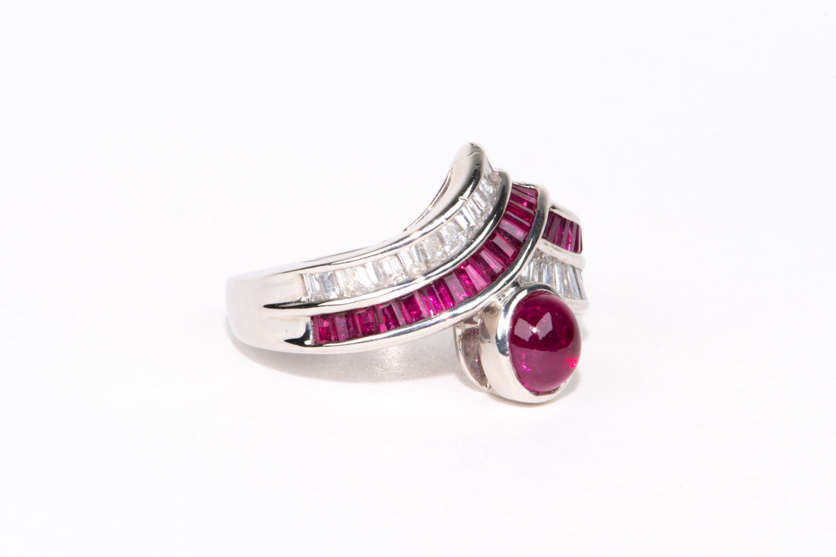 2.07ctw Ruby Cabochon and 0.63ctw Diamond Unique Chevron Stacking Band Ring Platinum PT900 9g+ V1154 Aurora Designer