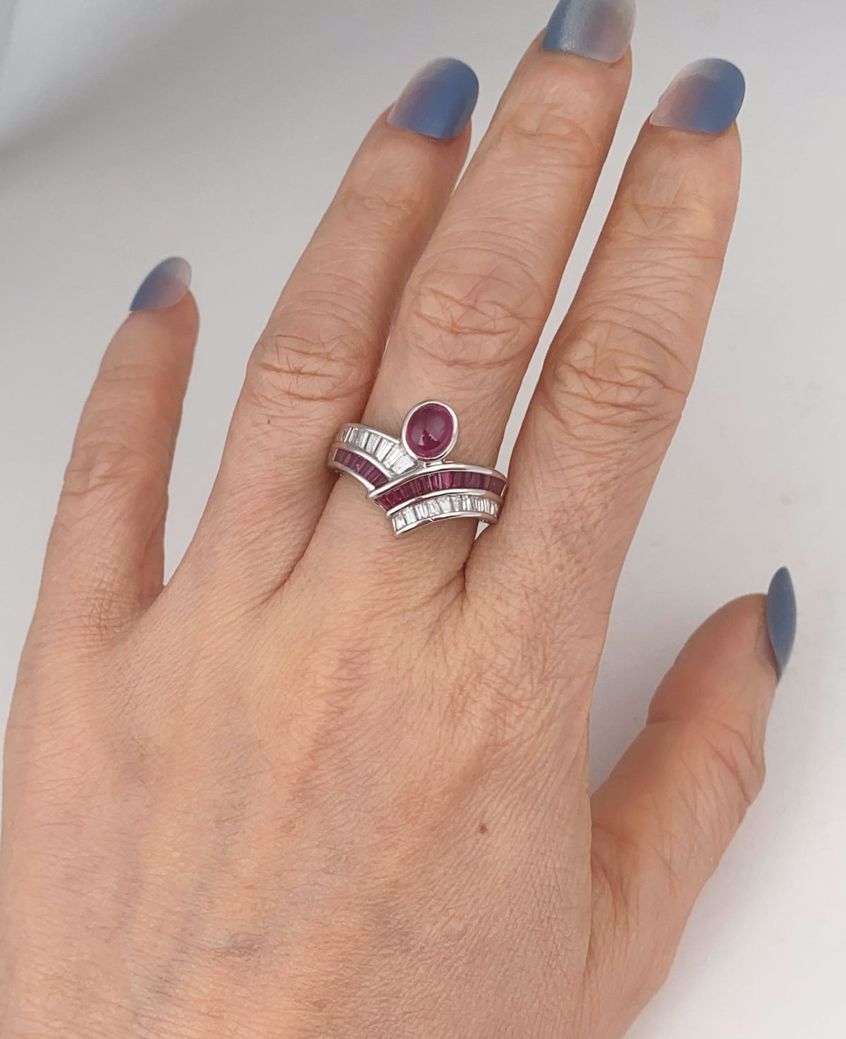2.07ctw Ruby Cabochon and 0.63ctw Diamond Unique Chevron Stacking Band Ring Platinum PT900 9g+ V1154 Aurora Designer