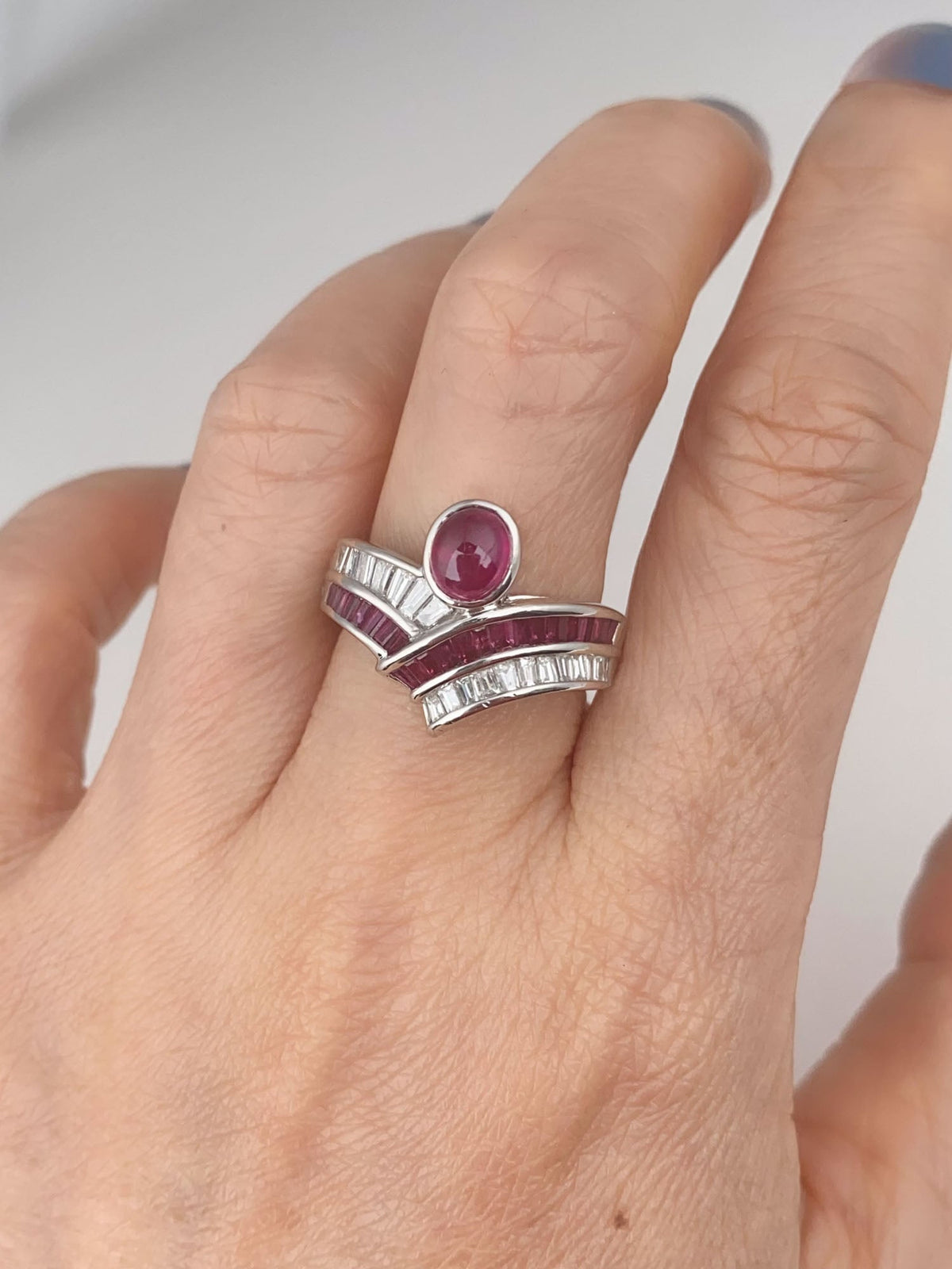 2.07ctw Ruby Cabochon and 0.63ctw Diamond Unique Chevron Stacking Band Ring Platinum PT900 9g+ V1154 Aurora Designer