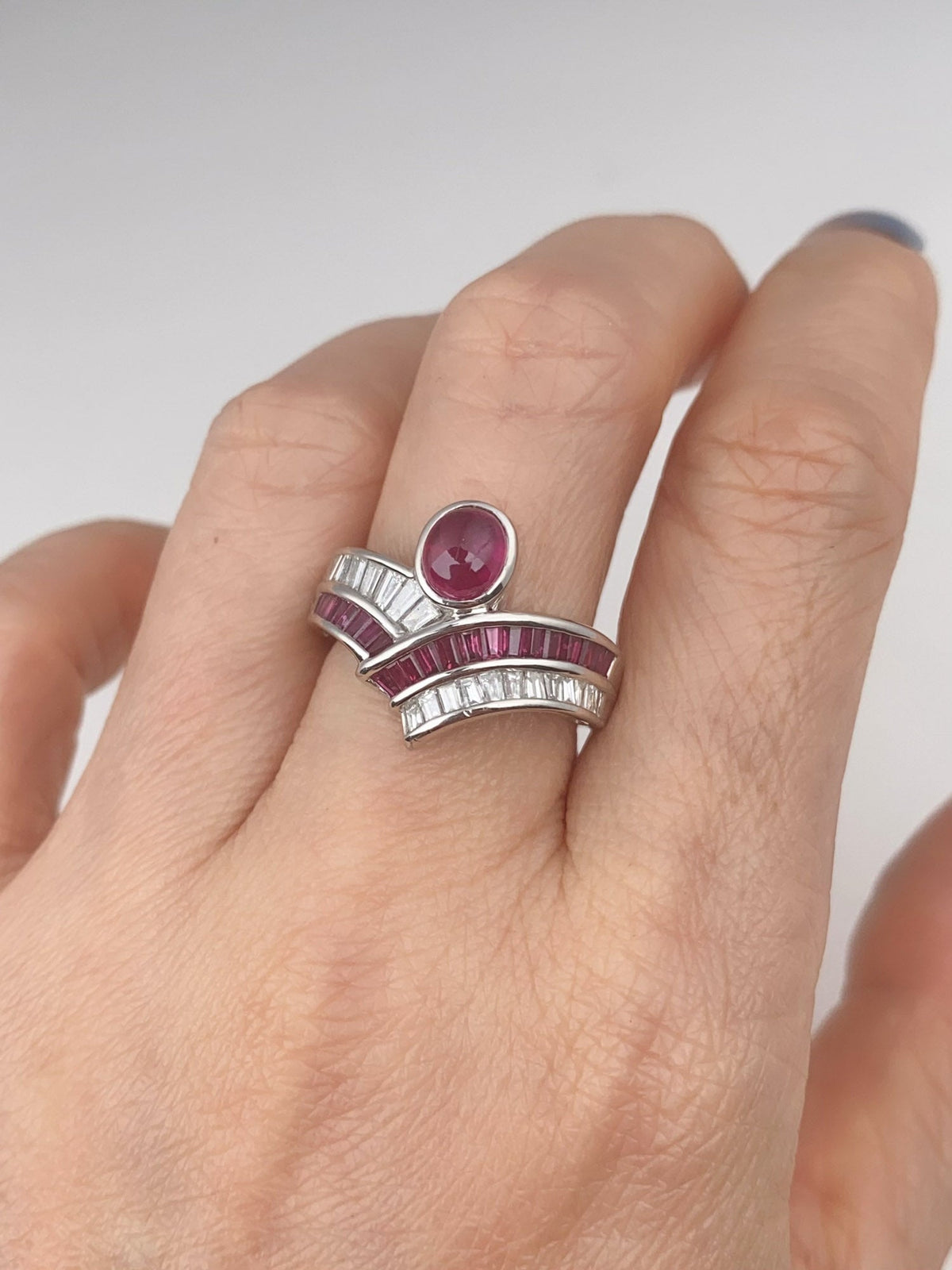 2.07ctw Ruby Cabochon and 0.63ctw Diamond Unique Chevron Stacking Band Ring Platinum PT900 9g+ V1154 Aurora Designer