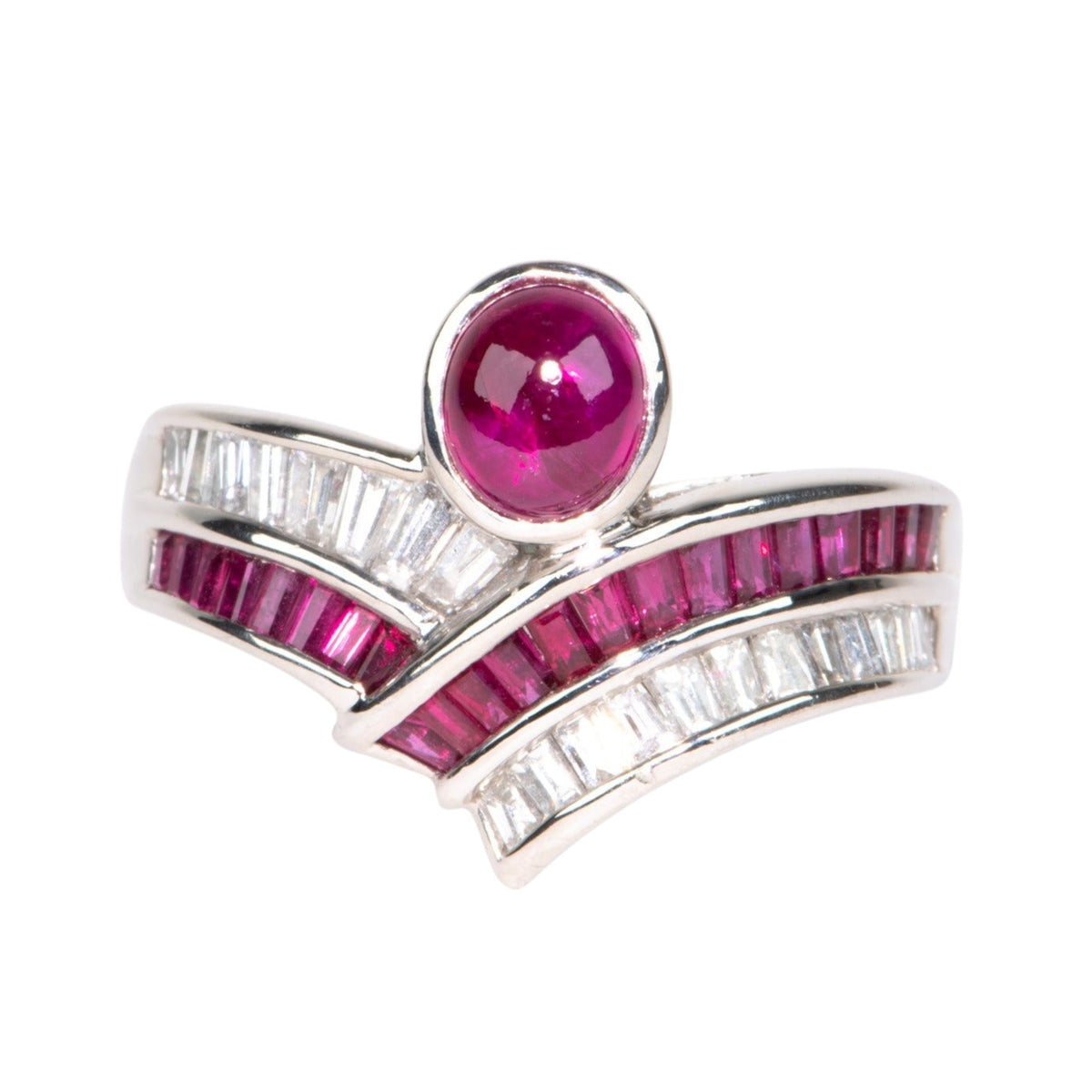 2.07ctw Ruby Cabochon and 0.63ctw Diamond Unique Chevron Stacking Band Ring Platinum PT900 9g+ V1154 Aurora Designer