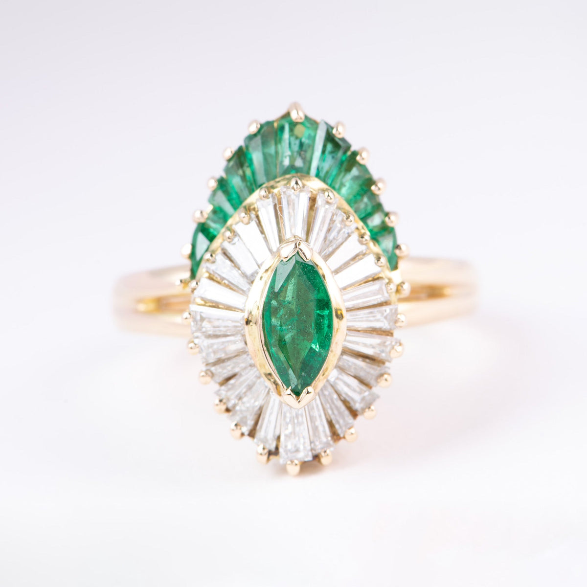 Marquise Emerald with Baguette Emerald and Diamond Halo 14K Gold Engagement Ring V1156 Aurora Designer