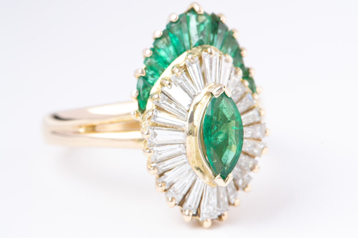Marquise Emerald with Baguette Emerald and Diamond Halo 14K Gold Engagement Ring V1156 Aurora Designer