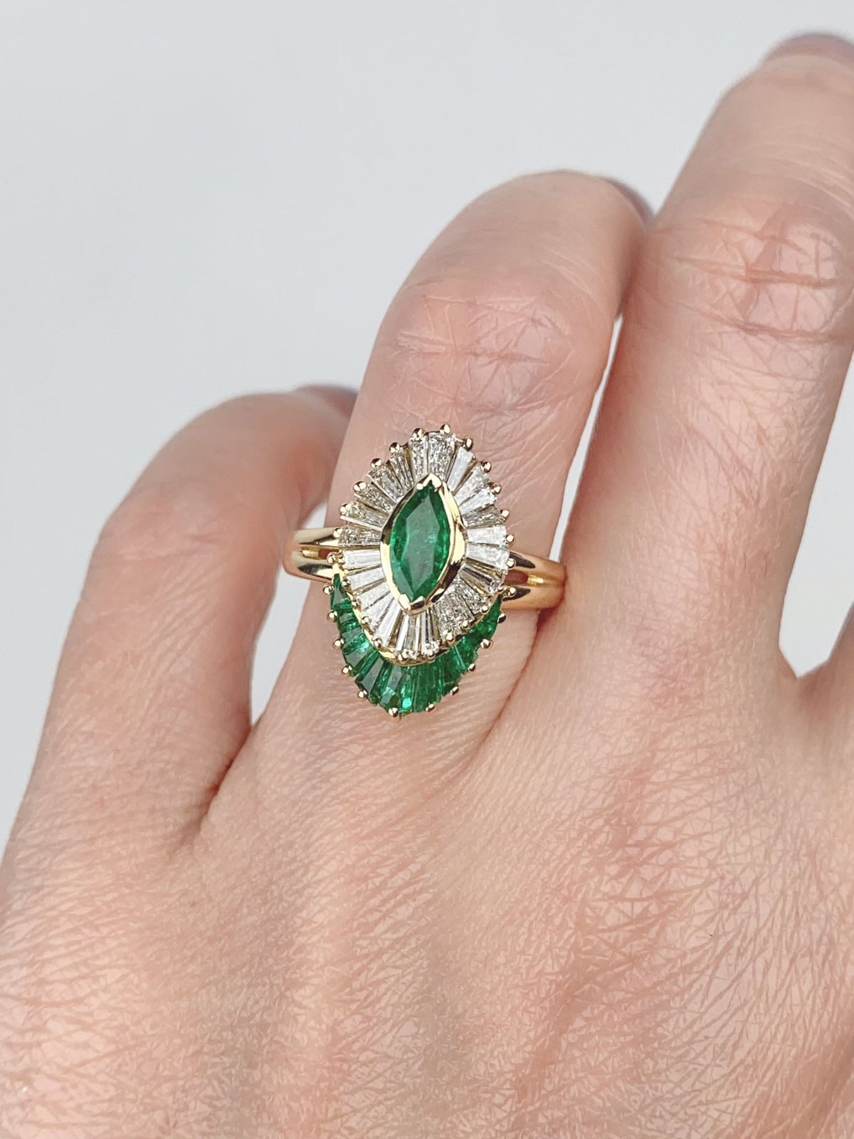 Marquise Emerald with Baguette Emerald and Diamond Halo 14K Gold Engagement Ring V1156 Aurora Designer