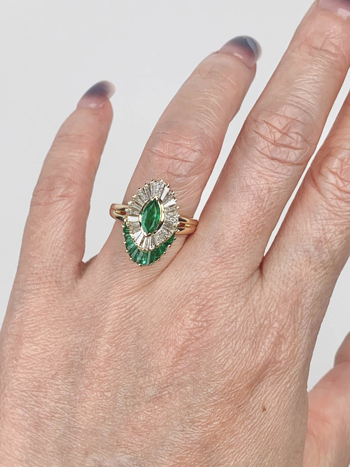 Marquise Emerald with Baguette Emerald and Diamond Halo 14K Gold Engagement Ring V1156 Aurora Designer