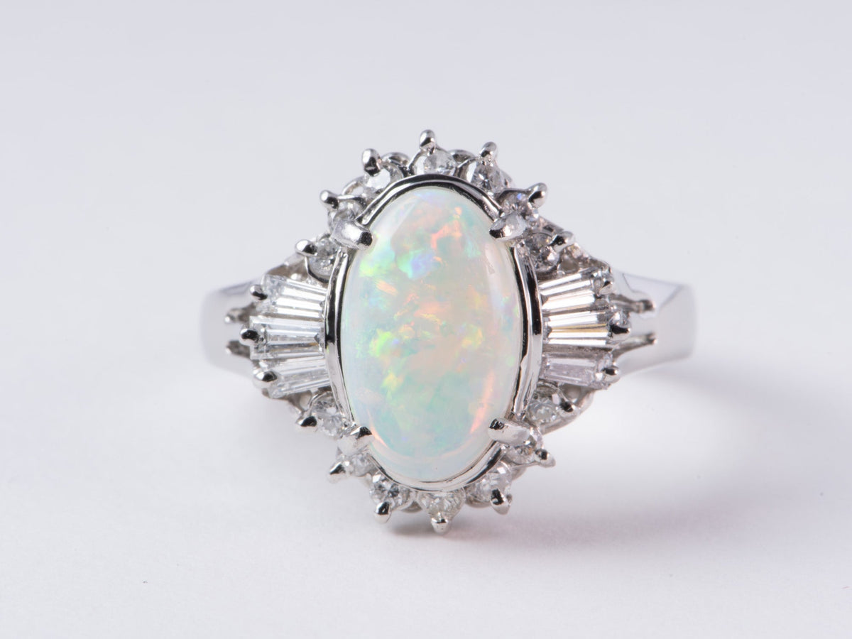 Full Fire Australian Opal with Diamond Halo Platinum Engagement Ring 7g V1159 Aurora Designer
