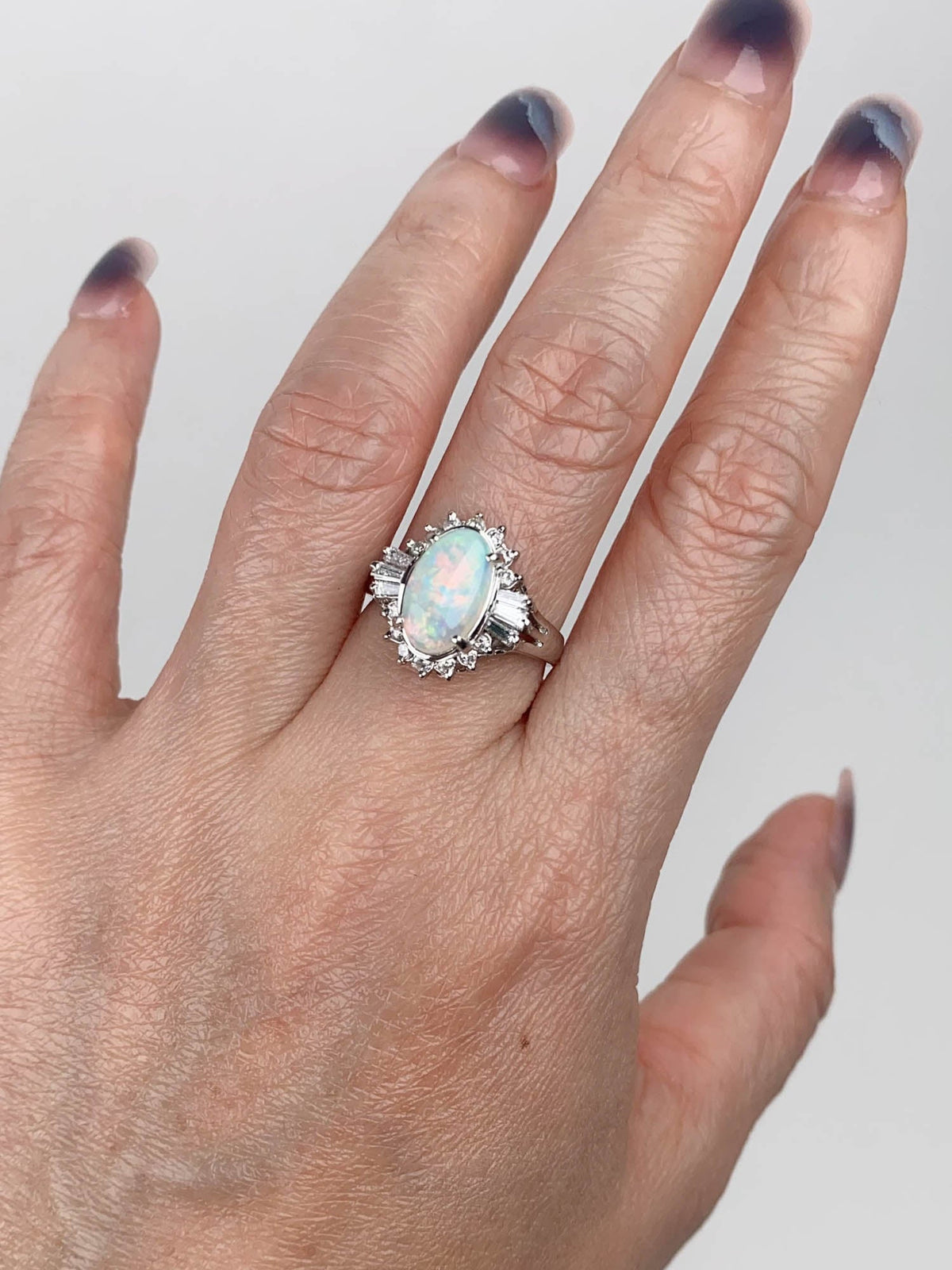 Full of Fire Australian Opal with Diamond Halo Platinum Engagement Ring 7g V1159 Aurora Designer
