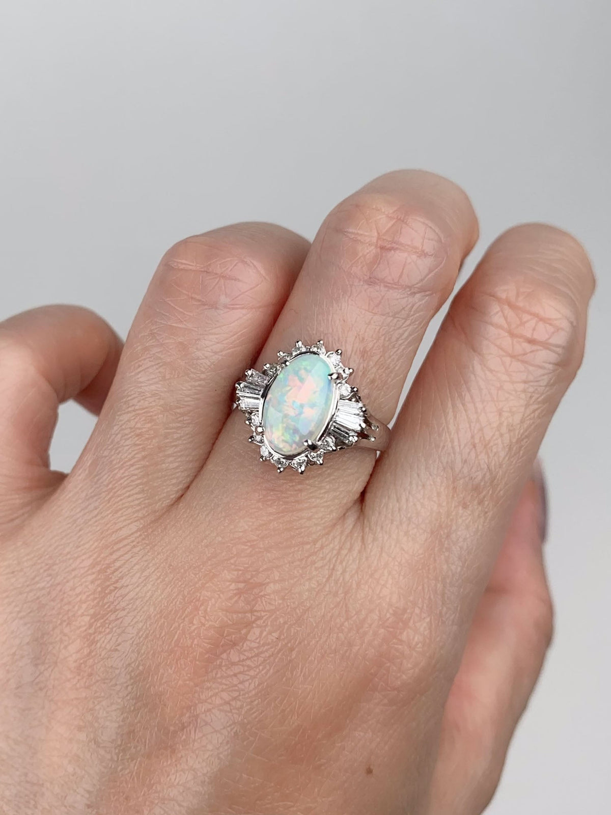 Full of Fire Australian Opal with Diamond Halo Platinum Engagement Ring 7g V1159 Aurora Designer