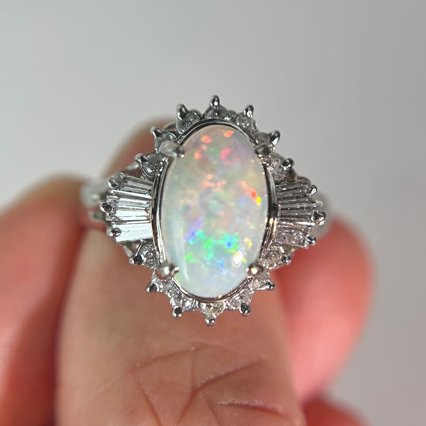 Full Fire Australian Opal with Diamond Halo Platinum Engagement Ring 7g V1159 Aurora Designer