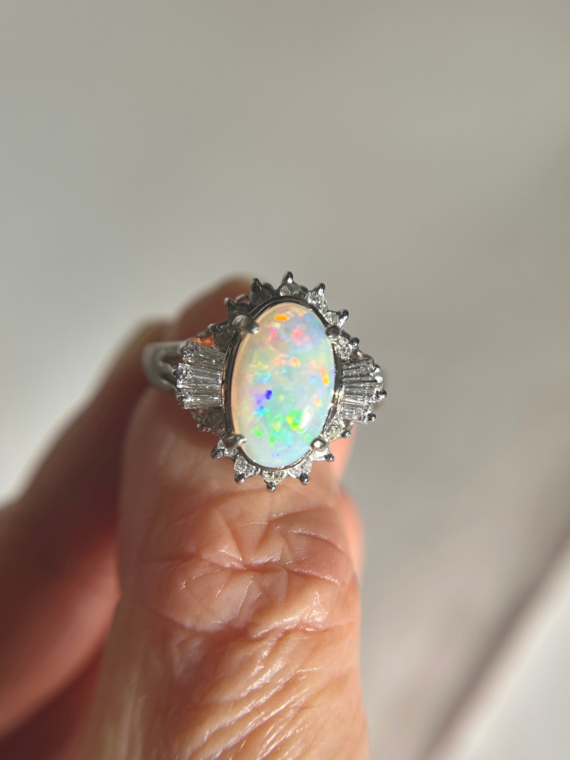 Full Fire Australian Opal with Diamond Halo Platinum Engagement Ring 7g V1159 Aurora Designer