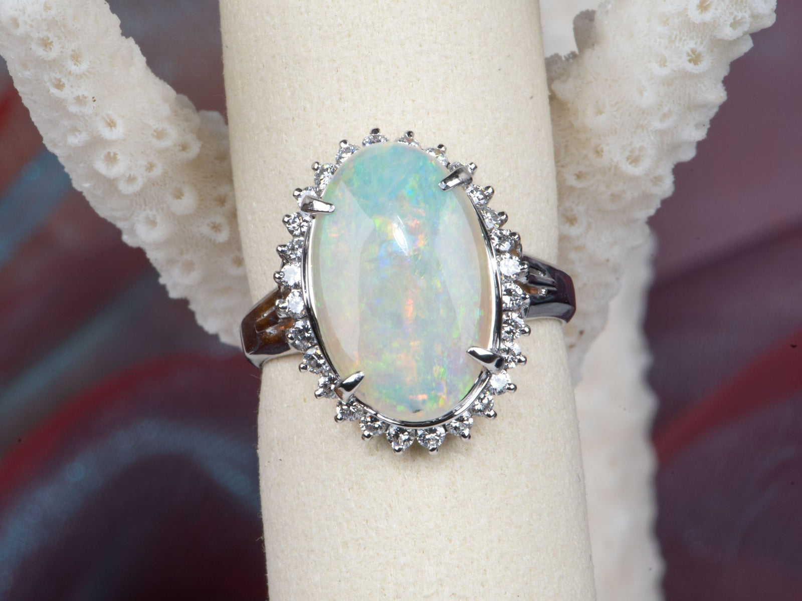 2.54ct Solid Australian Opal with Diamond Halo Ring Platinum 6g+ V1160 Aurora Designer