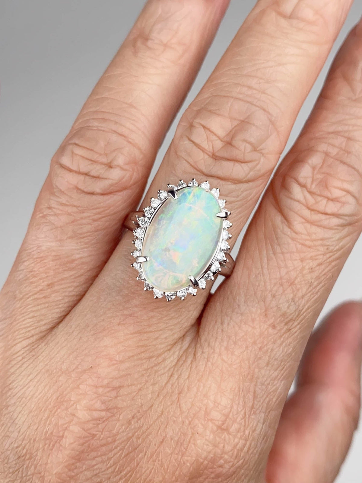2.54ct Solid Australian Opal with Diamond Halo Ring Platinum 6g+ V1160 Aurora Designer