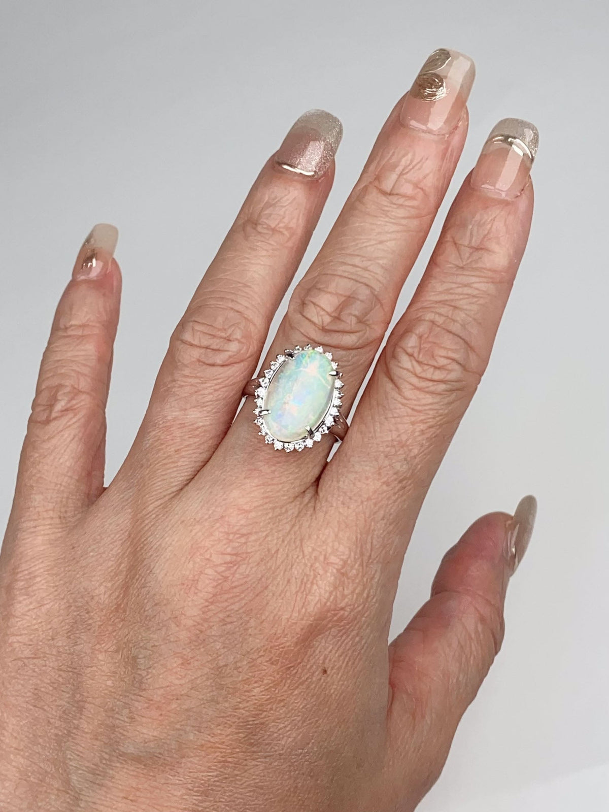 2.54ct Solid Australian Opal with Diamond Halo Ring Platinum 6g+ V1160 Aurora Designer
