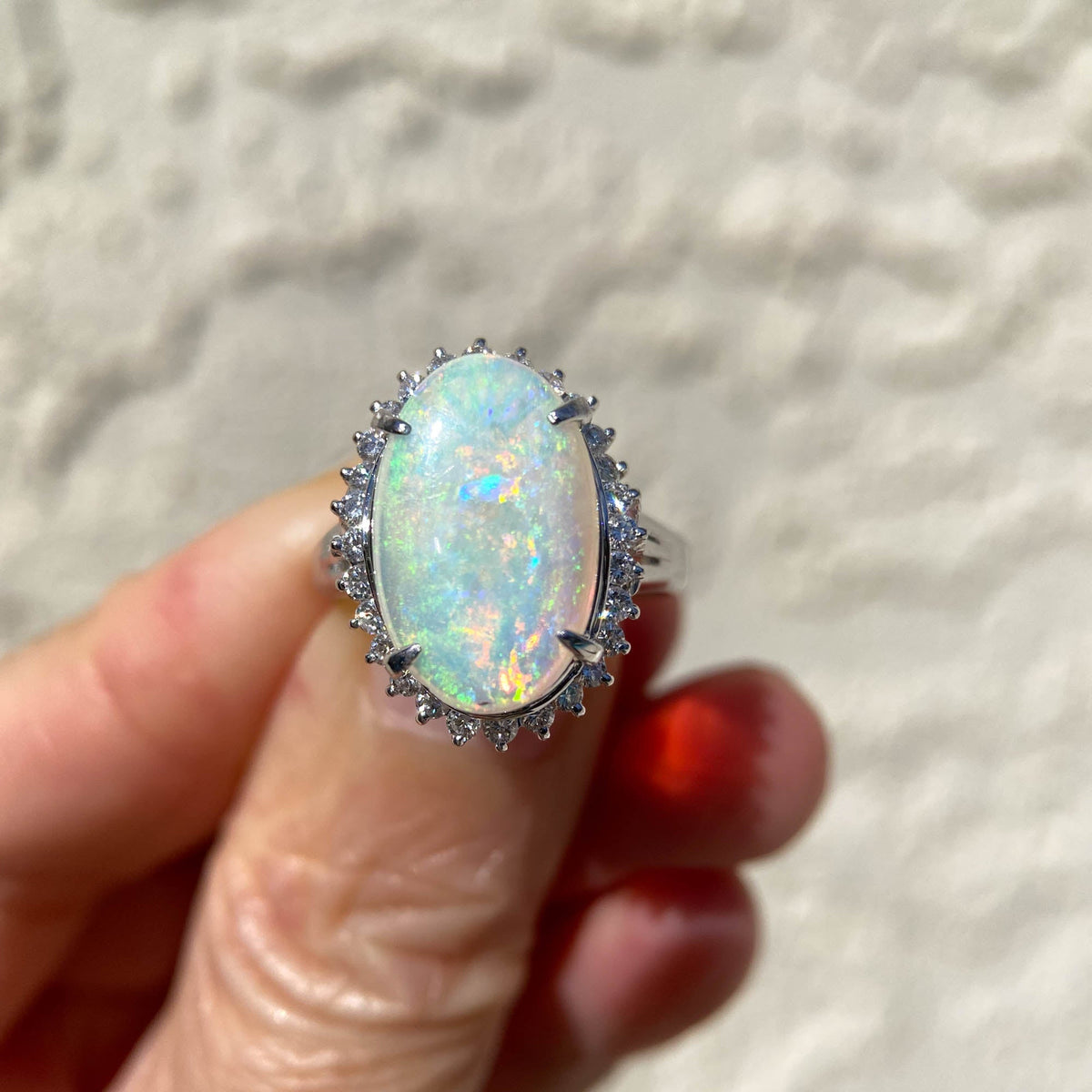 2.54ct Solid Australian Opal with Diamond Halo Ring Platinum 6g+ V1160 Aurora Designer