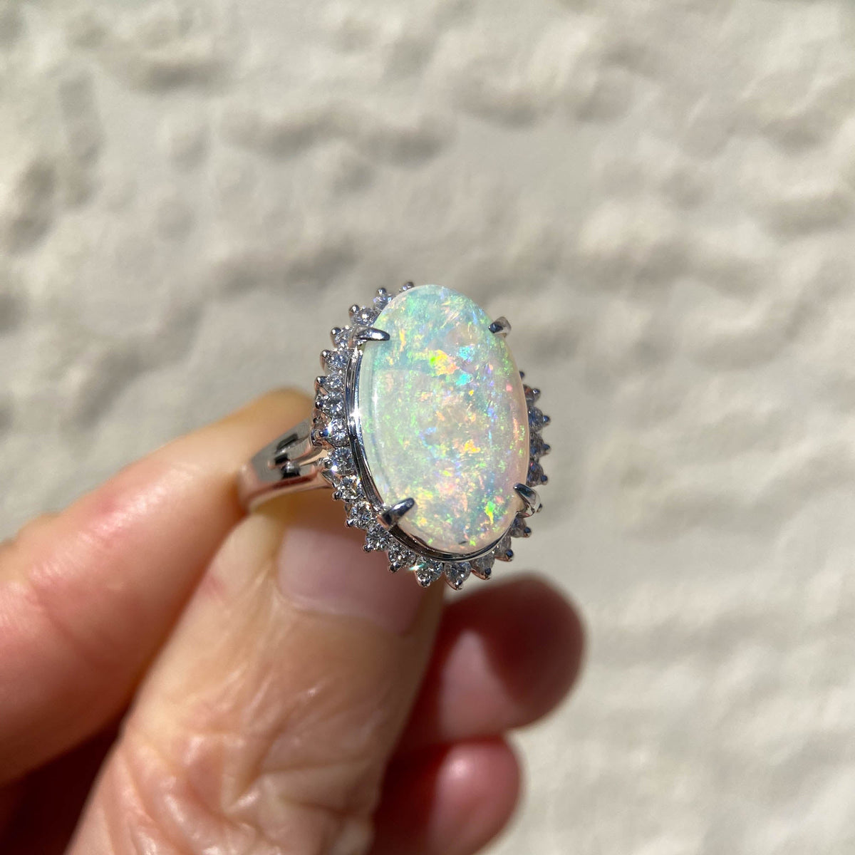 2.54ct Solid Australian Opal with Diamond Halo Ring Platinum 6g+ V1160 Aurora Designer