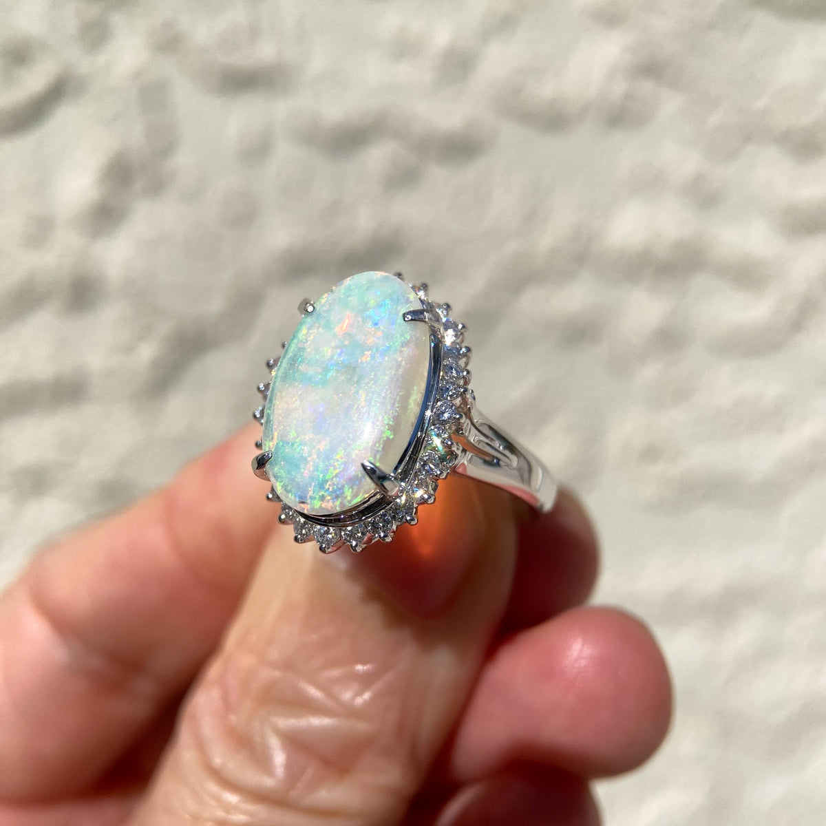 2.54ct Solid Australian Opal with Diamond Halo Ring Platinum 6g+ V1160 Aurora Designer