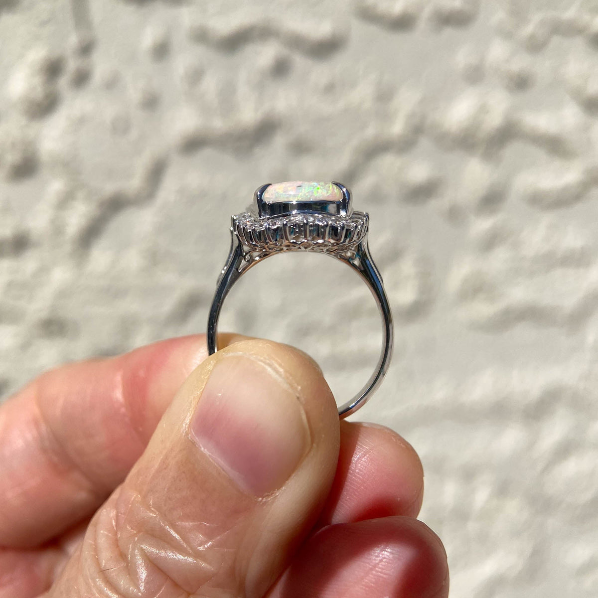 2.54ct Solid Australian Opal with Diamond Halo Ring Platinum 6g+ V1160 Aurora Designer