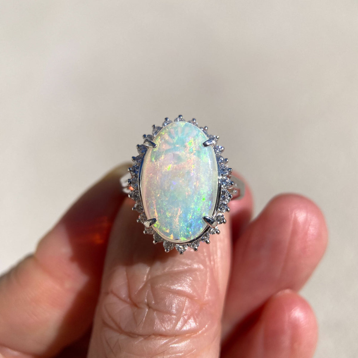 2.54ct Solid Australian Opal with Diamond Halo Ring Platinum 6g+ V1160 Aurora Designer