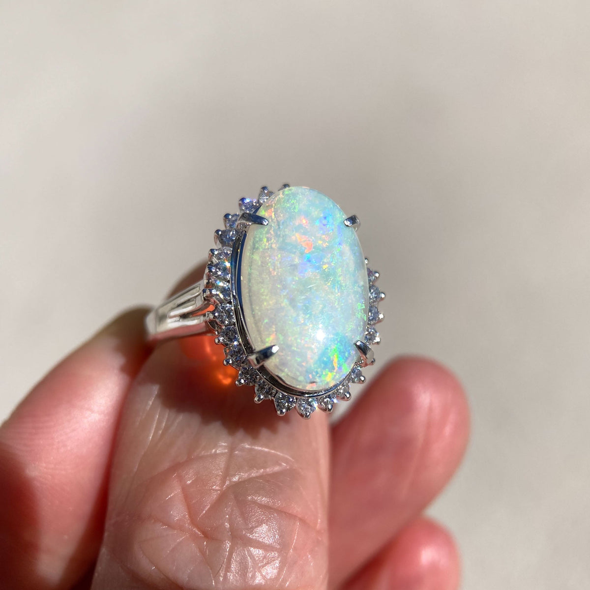 2.54ct Solid Australian Opal with Diamond Halo Ring Platinum 6g+ V1160 Aurora Designer