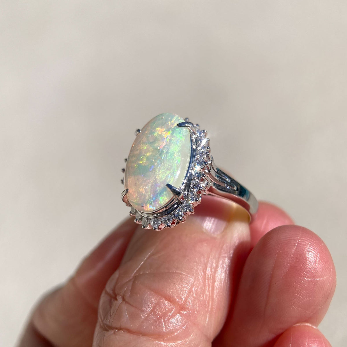 2.54ct Solid Australian Opal with Diamond Halo Ring Platinum 6g+ V1160 Aurora Designer