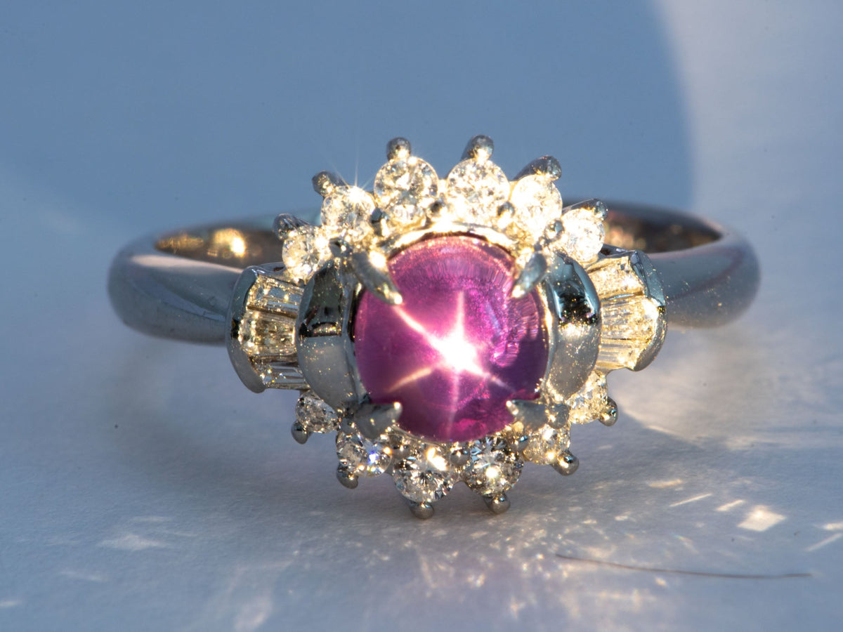 1.47ct Purple Star Sapphire with Diamond Halo Platinum Engagement Ring V1161 Aurora Designer