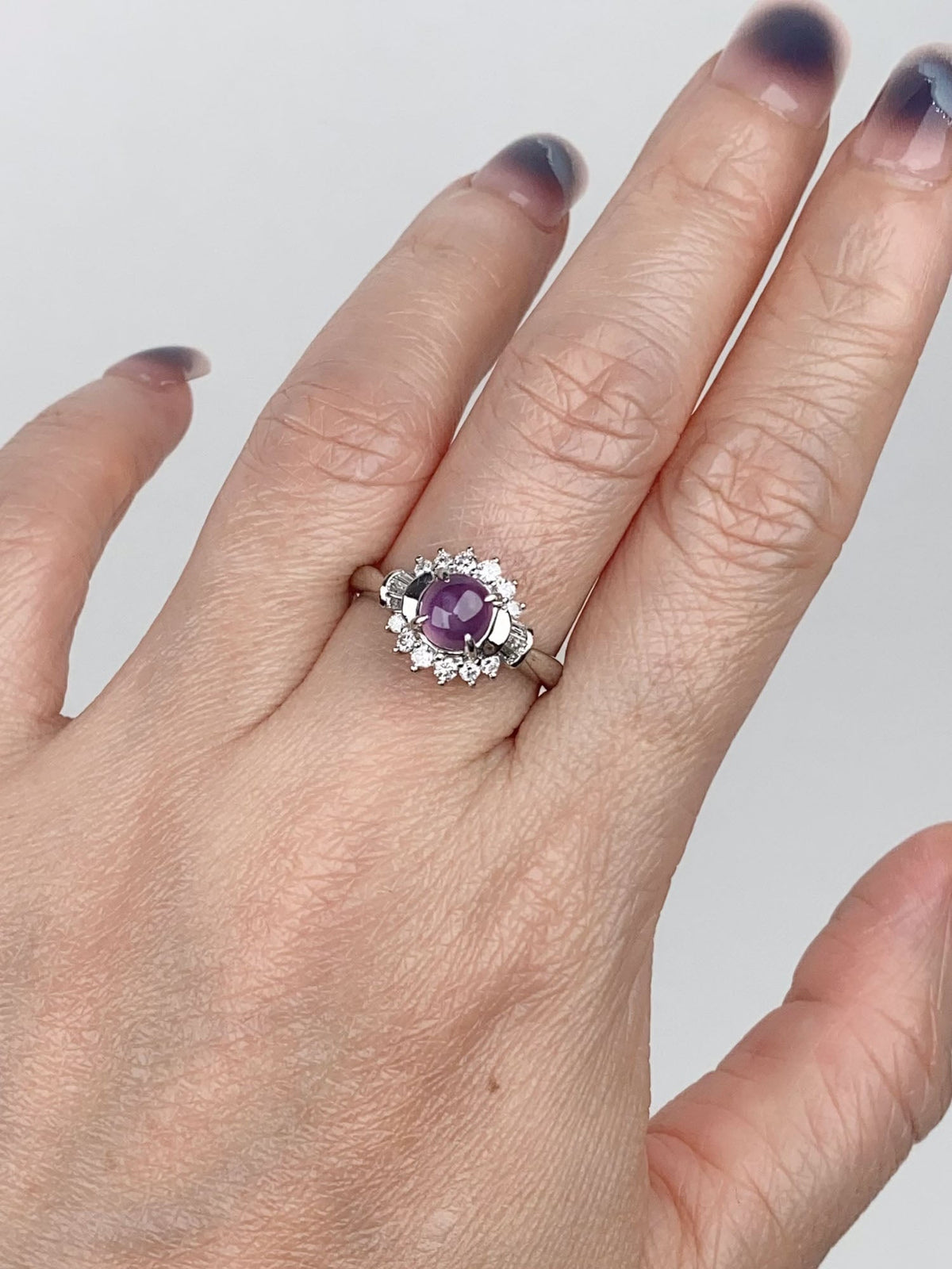 1.47ct Purple Star Sapphire with Diamond Halo Platinum Engagement Ring V1161 Aurora Designer