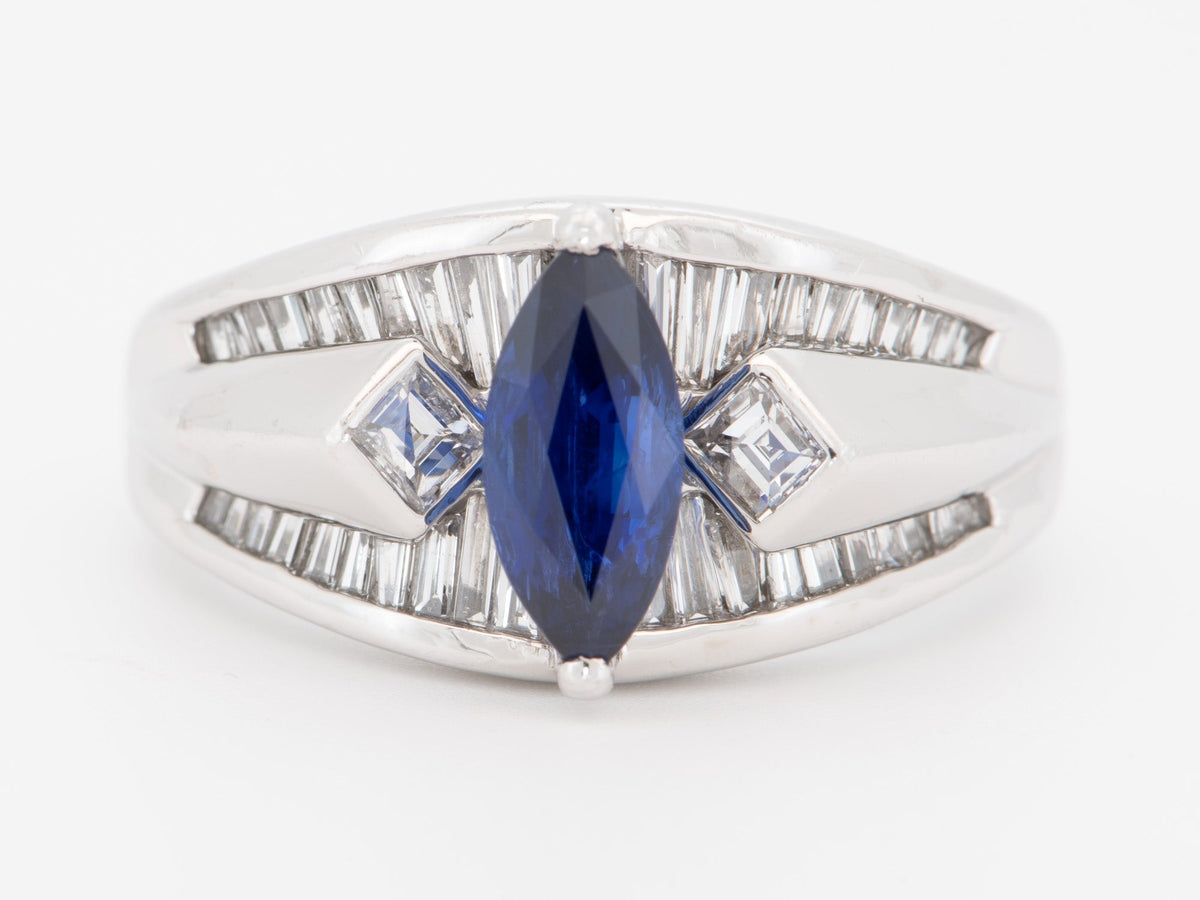 Stunning Marquise Sapphire with Baguette Diamond Engagement Ring PT900 Heavy 12g v1164 Aurora Designer