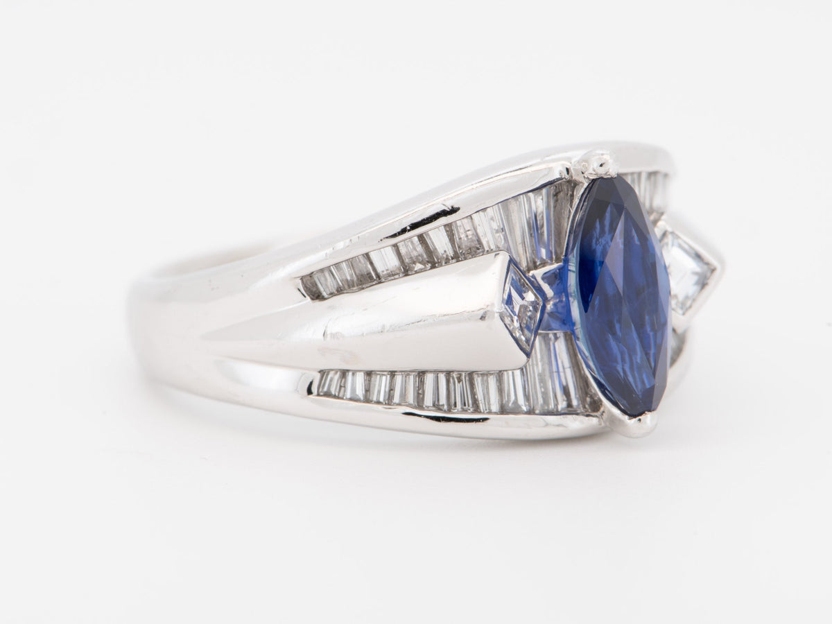 Stunning Marquise Sapphire with Baguette Diamond Engagement Ring PT900 Heavy 12g v1164 Aurora Designer