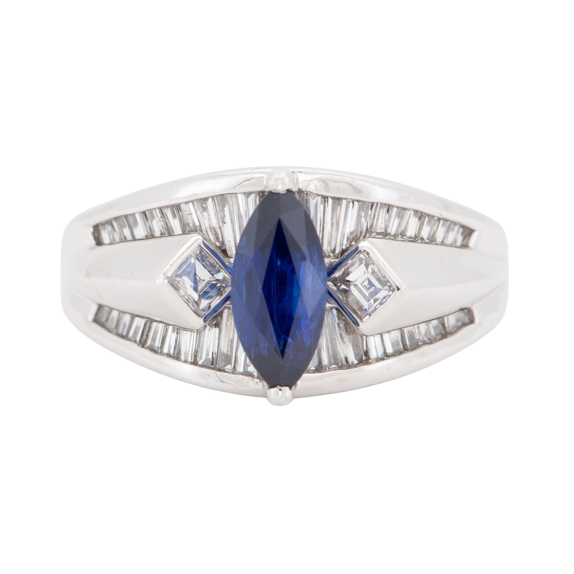 Stunning Marquise Sapphire with Baguette Diamond Engagement Ring PT900 Heavy 12g v1164 Aurora Designer
