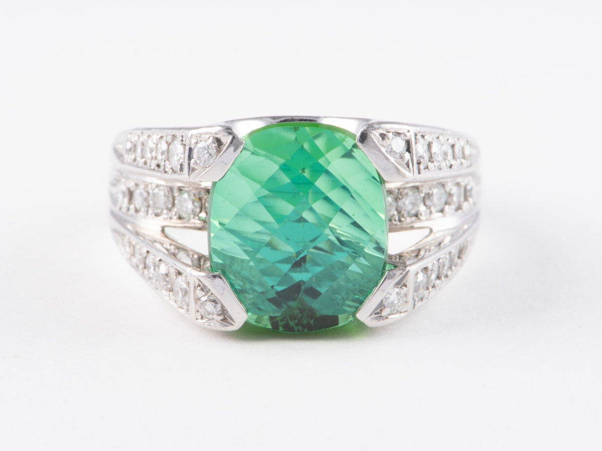Platinum 4.63ct Bright Green Tourmaline and Diamond Split Shank Statement Ring V1170 Aurora Designer